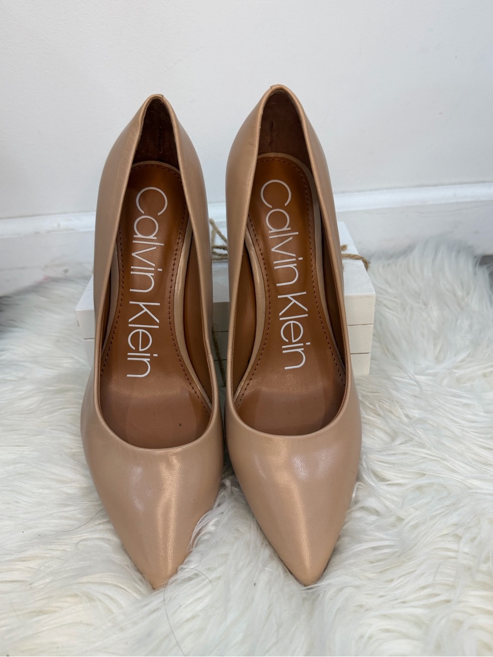 Calvin Klein Taupe Pointed-Toe Leather Pumps